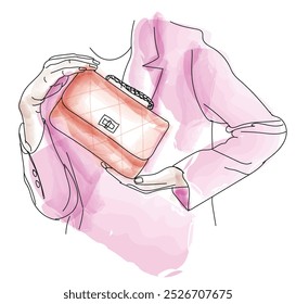 The woman holds an elegant leather handbag in her hands. Clothes and accessories for women. vector drawing