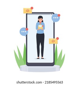 Woman holds email inside phone illustration for email marketing
