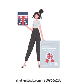 A woman holds an English dictionary and a certificate in her hands. The concept of teaching English. Isolated. trendy style. Vector illustration.