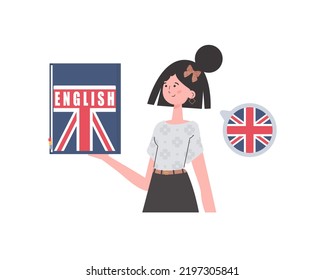 A woman holds an English dictionary in her hands. The concept of learning English. Isolated. Trendy cartoon style. Vector.