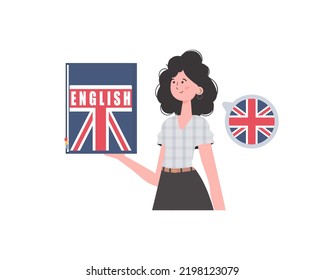 A woman holds an English dictionary in her hands. The concept of learning English. Isolated. Trendy flat style. Vector illustration.