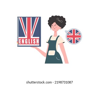 A woman holds an English dictionary in her hands. The concept of learning English. Isolated. trendy style. Vector illustration.