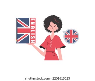 A woman holds an English dictionary in her hands. The concept of teaching English. Isolated. trendy style. Vector illustration.