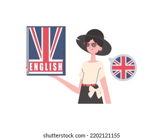 A woman holds an English dictionary in her hands. The concept of learning English. Isolated. Trendy cartoon style. Vector illustration.