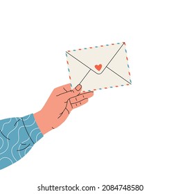 La mujer sostiene un sobre con el corazón en la mano. Tarjeta para San Valentín, cumpleaños, otras vacaciones como plantilla. Diseño plano de ilustración vectorial. Fondo aislado. Carta del amante.