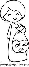 Woman holds a fish bag. Doodle cartoon vector.