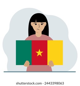 A woman holds the flag of Cameroon in his hands. The concept of demonstration, national holiday or patriotism. Nationality. Vector flat illustration