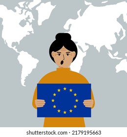A woman holds the flag of the European Union in his hands against the background of a world map. Vector flat illustration.