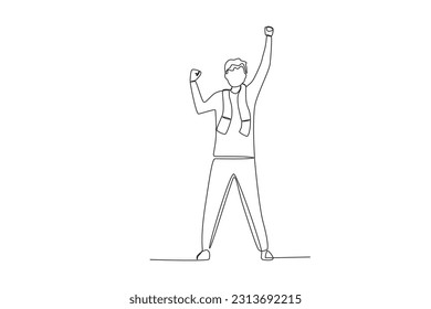 A woman holds up the flag of her favorite team. Football supporter one-line drawing