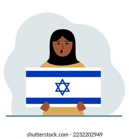 A woman holds the flag of Israel in his hands. The concept of demonstration, national holiday or patriotism. Nationality. Vector flat illustration