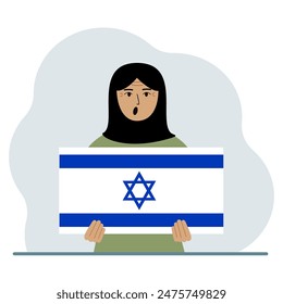 A woman holds the flag of Israel in his hands. The concept of demonstration, national holiday or patriotism. Nationality. Vector flat illustration