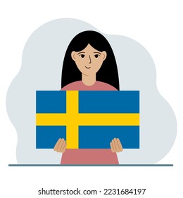 A woman holds the flag of Sweden in his hands. The concept of demonstration, national holiday or patriotism. Nationality. Vector flat illustration