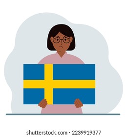 A woman holds the flag of Sweden in his hands. The concept of demonstration, national holiday or patriotism. Nationality. Vector flat illustration