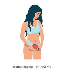 Woman holds a flower near her hips. Self-love and self-care. Feminine reproductive health, menstrual cycle. Intimate hygiene. Epilation or depilation of the bikini line. Isolated vector illustration