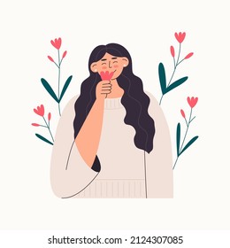 Woman holds flower and smells it. Girl enjoys smell of flower fragrance. Trendy flat vector illustration isolated.