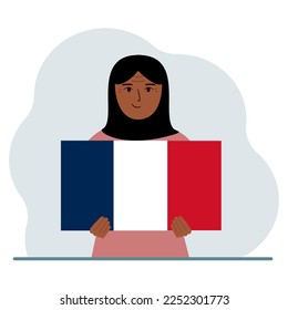 A woman holds a French flag in his hands. The concept of demonstration, national holiday or patriotism. Nationality. Vector flat illustration