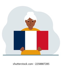 A woman holds a French flag in his hands. The concept of demonstration, national holiday or patriotism. Nationality. Vector flat illustration