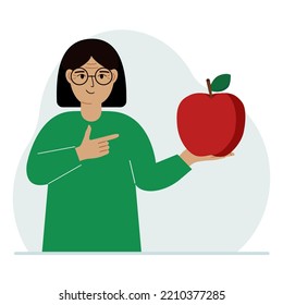 A woman holds a fresh and red apple in his hand. Woman eats an apple. Healthy food concept. Vector flat illustration