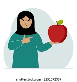 A woman holds a fresh and red apple in his hand. Woman eats an apple. Healthy food concept. Vector flat illustration