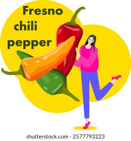 A woman holds Fresno chili pepper. Isolated vector illustration.