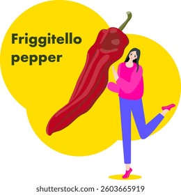 A woman holds Friggitello pepper. or Sweet Italian pepper. Chili peppers. Isolated vector illustration.