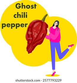 A woman holds Ghost chili pepper. Isolated vector illustration.