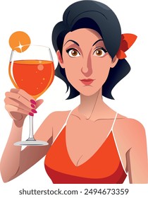 Woman holds a glass with aperitif-