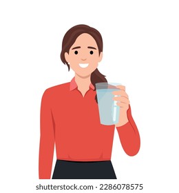 Una mujer sostiene un vaso de agua en su mano. El concepto de equilibrio hídrico y salud. Ilustración vectorial plana aislada en fondo blanco