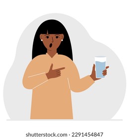 A woman holds a glass of water in his hand. The concept of water balance and health. Vector flat illustration