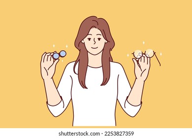 Woman holds glasses and lenses in hands choosing convenient and useful product for eye care. Portrait of smiling girl ophthalmologist offering various ways to improve vision. Flat vector design 