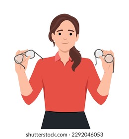 Woman holds glasses and lenses in hands choosing convenient and useful product for eye care. Portrait of smiling girl ophthalmologist offering various ways to improve vision. Flat vector illustration 