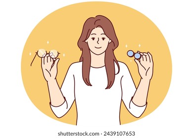 Woman holds glasses and lenses in hands choosing convenient and useful product for eye care. Portrait of smiling girl ophthalmologist offering various ways to improve vision. Flat vector design