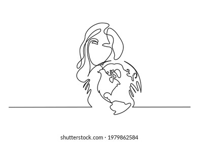 Woman holds globe of Earth in her hands. Continuous One line illustration. Peace and eco concept. Vector illustration