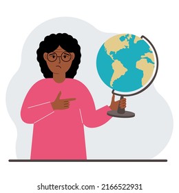 A woman holds a globe in his hand and points his finger at it. The concept of education, teacher, world conquest, ecology. Vector flat illustration