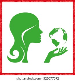 Woman holds globe icon vector illustration eps10.