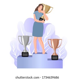 Una mujer sostiene un goblet dorado. Tasa de plata y bronce en un pedestal. Con lugar para una inscripción. Concepto de primer lugar, liderazgo, mejor entre otros, premio en deportes. Ilustración del vector