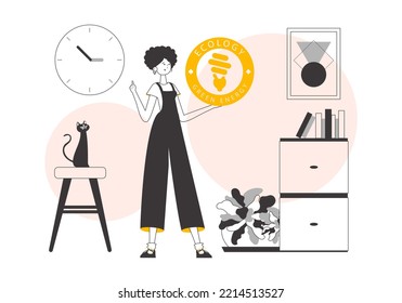 A woman holds a green energy logo in her hand. Lineart trendy style.