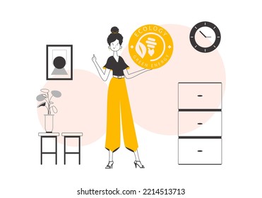A woman holds a green energy logo in her hand. Lineart style.