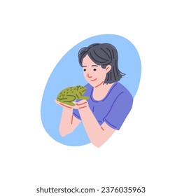 Una mujer sostiene una rana verde en las manos. Un lindo sapo de caricatura está sentado en los brazos del dueño. Reptile colorido de mascotas exóticas planas, vector de animales anfibios ilustración aislada