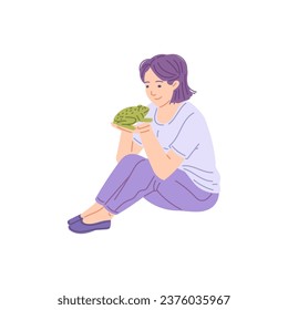 Woman holds a green frog in hands. Cute toad character is sitting on the owner's arms. Colorful flat vector isolated illustration of cartoon exotic pet reptile, amphibian animal