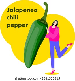 A woman holds Green Jalapeno chili peppers. Jalapa peppers. Chile peppers. Isolated vector illustration.