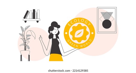 A woman holds a green world logo in her hand. Lineart style.