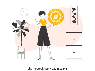 A woman holds a green world logo in her hand. Lineart trendy style.