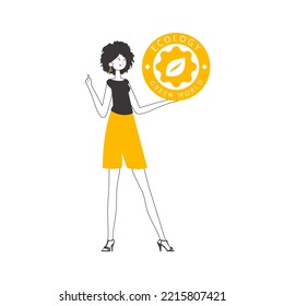 A woman holds a green world logo in her hand. Linear style. Isolated on white background. Vector illustration.