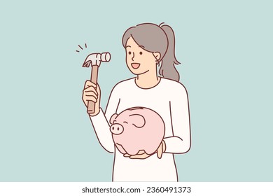Woman holds hammer and piggy bank, wanting to get savings to buy phone or car. Piggy bank is metaphor for thrift and putting money into retirement account to receive dividends in future.