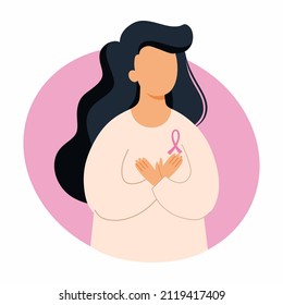 Woman holds  hands on chest. Breast Cancer Awareness Day. Health problems. Vector illustration on topic of medicine. Symptom of disease.