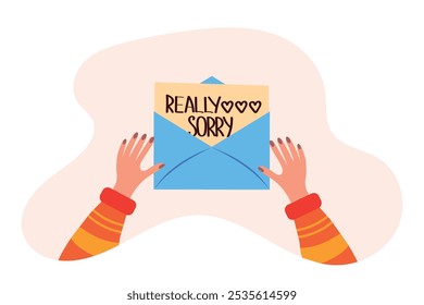 Woman holds in hands Paper open envelope with inscription Really Sorry and hearts. feeling sorry. Vector flat illustration.