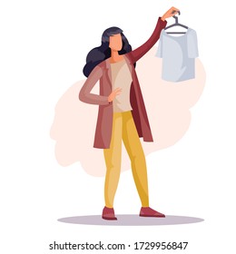 woman holds a hanger with a shirt in her hands and is going to buy it, isolated object on a white background, vector illustration, eps