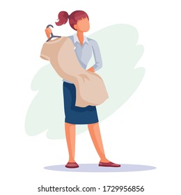 woman holds a hanger with a shirt in her hands and is going to buy it, isolated object on a white background, vector illustration, eps