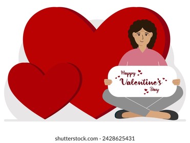 A woman holds a Happy Valentine's Day greeting against a background of red hearts.